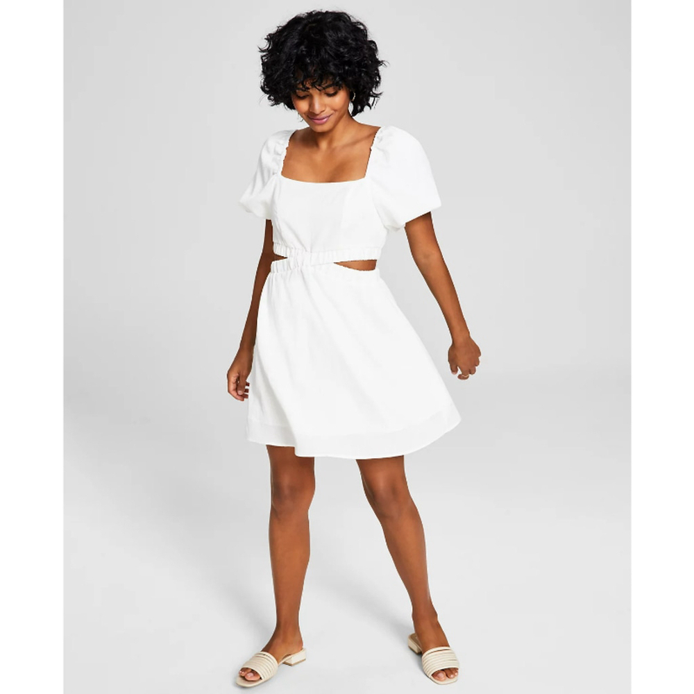 And Now This Women's Small White Puff-Sleeve Cutout Knee-Length Dress NWT